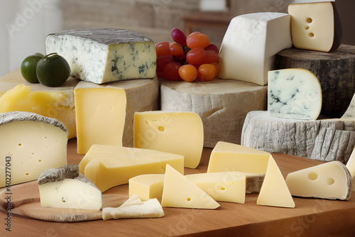 ai-generated illustration of a table full of various cheeses