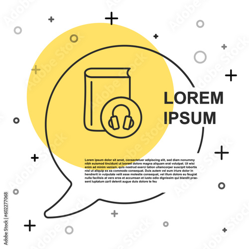 Black line Audio book icon isolated on white background. Book with headphones. Audio guide sign. Online learning concept. Random dynamic shapes. Vector