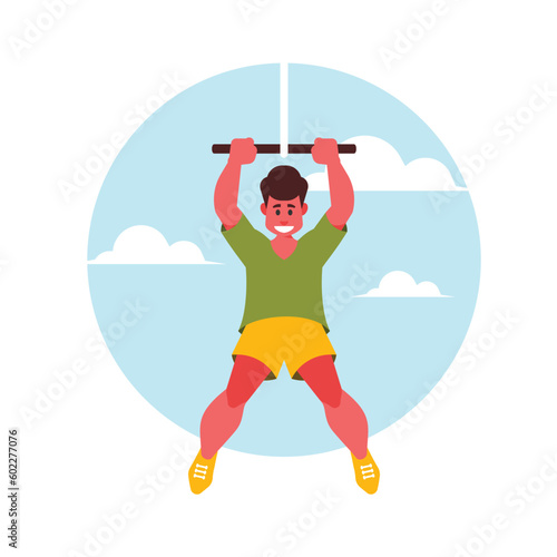 Man doing pullups on horizontal bar Flat vector illustration