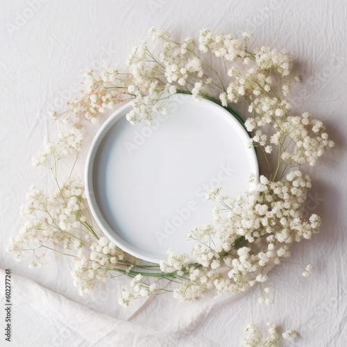 Dried flowers on pastel background,Autumn composition,Wreath made of gypsophila flowers, cotton flowers, pastel gray background,Generative, AI, Illustration.