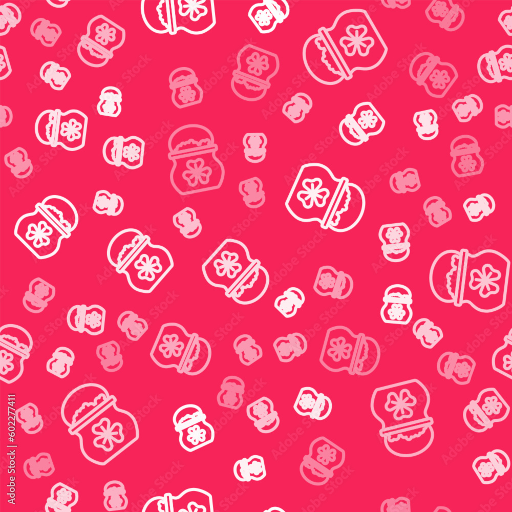 White line Pot of gold coins icon isolated seamless pattern on red background. Happy Saint Patricks day. National Irish holiday. Vector White line Pot of gold coins icon isolated seamless pattern on red background. Happy Saint Patricks day. National Irish holiday. Vector
