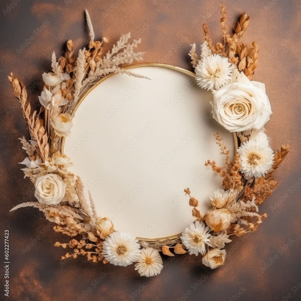 Square frame made of dried flowers, Autumn composition, cotton flowers, dried leaves on pastel brown background,Autumn,Generative, AI, Illustration.