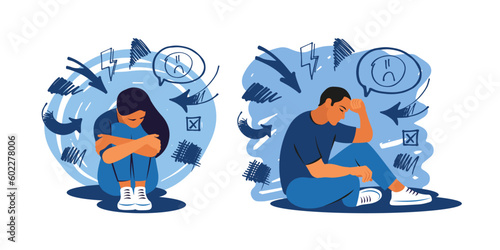 Mental disorder concept. Depression woman and man. Stress, despair, anxiety disorder, fatigue. Vector illustration.