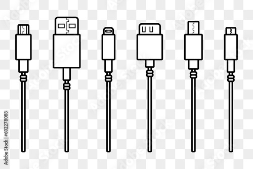 USB cables icons. Lightning micro usb types for smartphone connector plugs. Vector illustration isolated on transparent background.