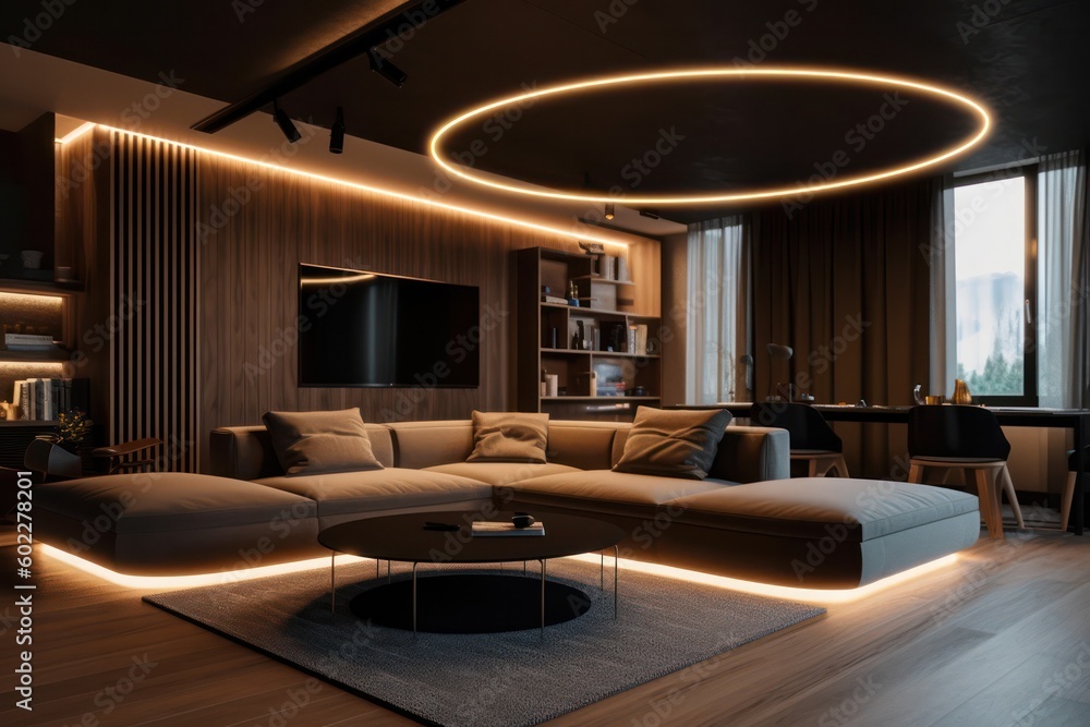 Fototapeta premium Exquisite Luxury Living Room with Sophisticated Interior Design, Plush Furnishings, and Grandiose Ambiance in LED lighting