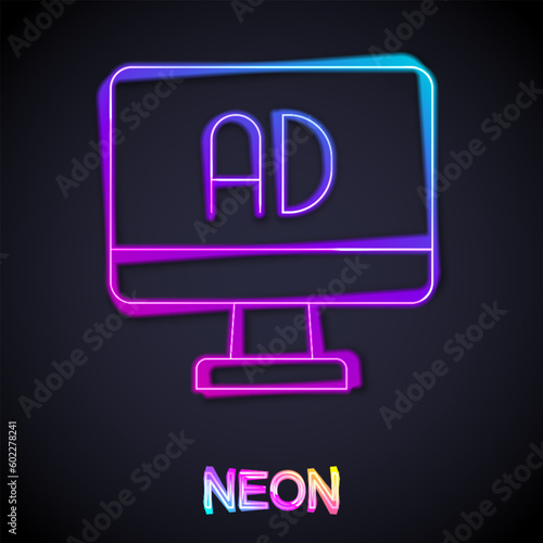 Glowing neon line Advertising icon isolated on black background. Concept of marketing and promotion process. Responsive ads. Social media advertising. Vector