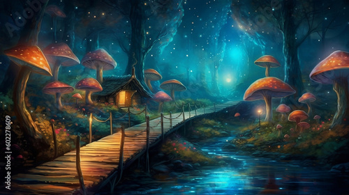 A pathway inside a mushroom wonderland forest.