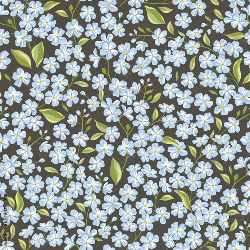 Forget-me-not spring garden flower hand drawn vector seamless pattern. Vintage Romantic Liberty inspired Petite floral ditsy print. Bloomy calico background for fashion fabric or home textile photo