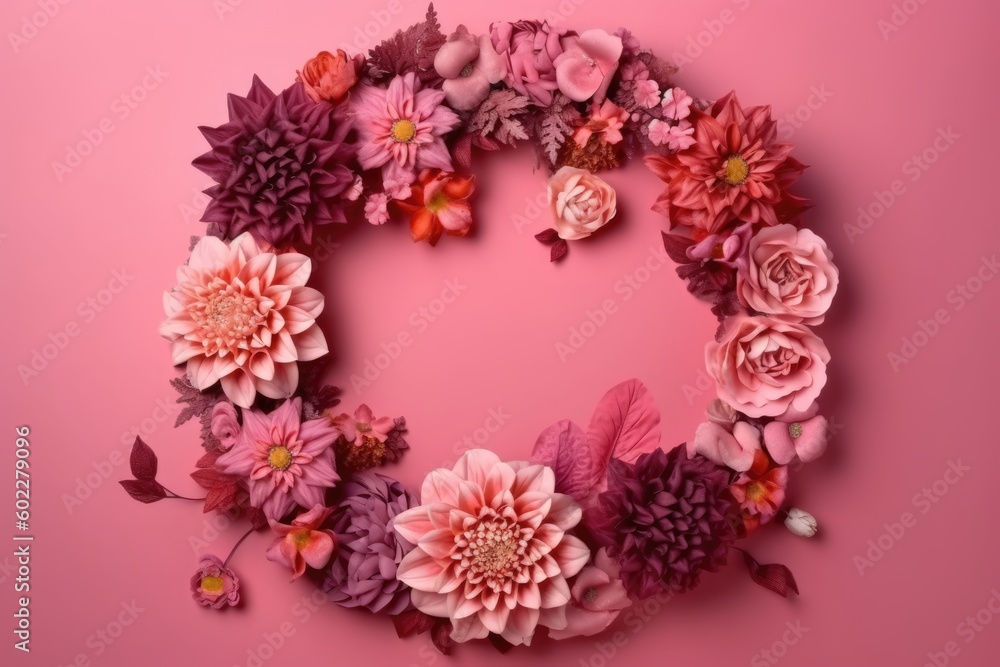 Blooming Serenity Collage-Based Floral Wreath on Harmonious Pink Background with Minimalist Aesthetics and Artistic Composition Blooming Serenity Collage-Based Floral Wreath on Harmonious Pink Background with Minimalist Aesthetics and Artistic Composition