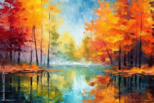 Landscape with colorful autumn forest near the lake. Oil painting in the style of impressionism. Generative AI.