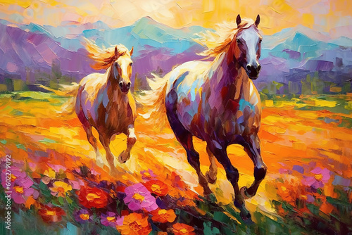 A pair of horses in love run towards the sun across a colorful field of flowers. Oil painting in the style of impressionism. Generative AI.