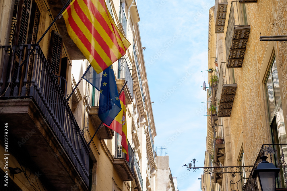 Flags in Barcelona in barrio gothico, Catalunya, Spain