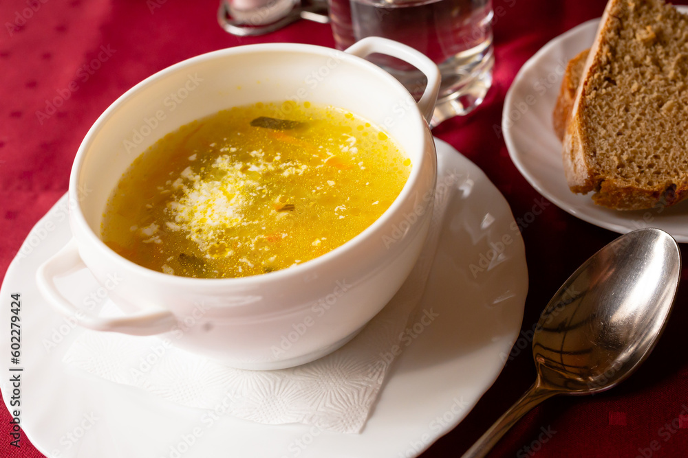 Soviet soup with pickles and barley. Leningrad rassolnik Soviet soup with pickles and barley. Leningrad rassolnik