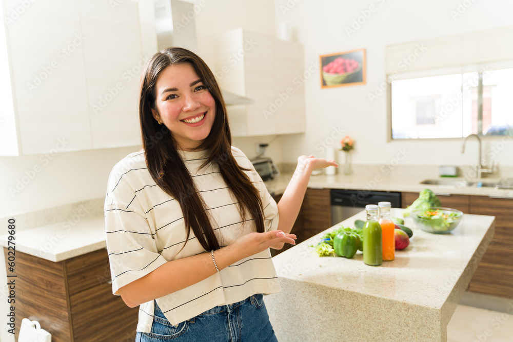 Excited woman ready to cook a vegetarian recipe food Excited woman ready to cook a vegetarian recipe food