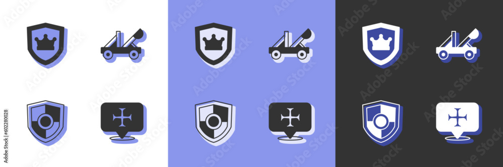 Set Crusade, Shield with crown, and Medieval catapult icon. Vector Set Crusade, Shield with crown, and Medieval catapult icon. Vector