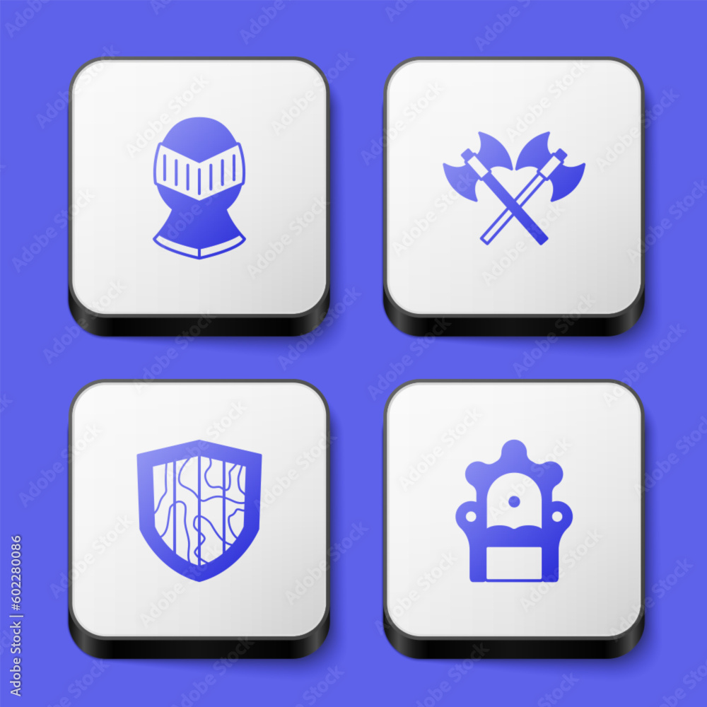 Set Medieval helmet, Crossed medieval axes, Shield and throne icon. White square button. Vector