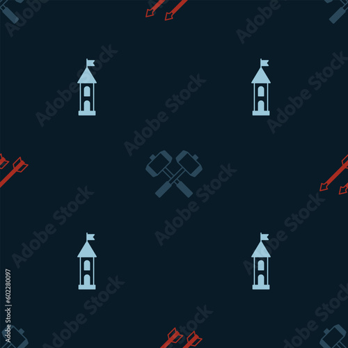 Set Medieval arrows, Crossed battle hammers and Castle tower on seamless pattern. Vector