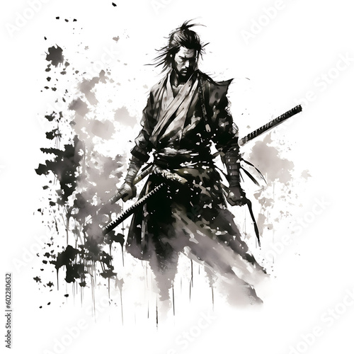 Samurai - ink painting - black and white - created with generative AI