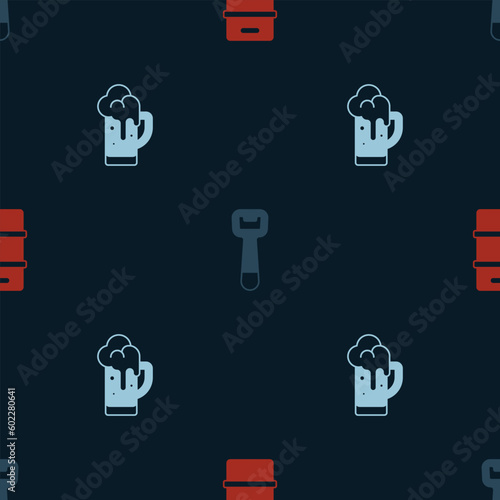 Set Metal beer keg, Bottle opener and Glass of on seamless pattern. Vector