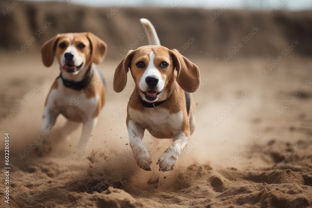 Seaside Sprint: Energetic Beagle Pups in Action on Sandy Shore