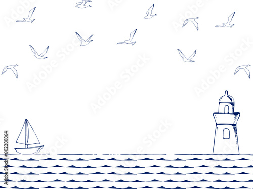 ペンで描いた灯台と海とカモメのフレーム