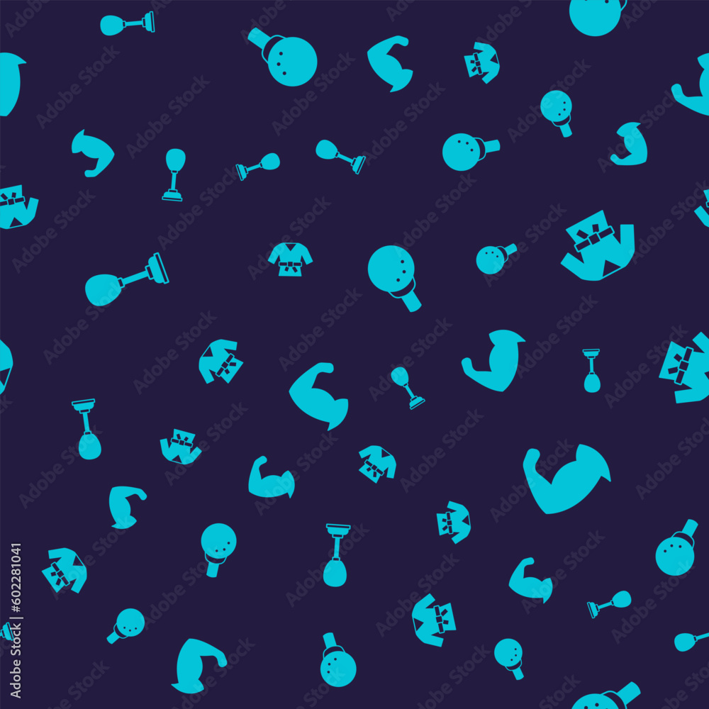 Set Punching bag, Kimono, Golf ball tee and Bodybuilder showing his muscles on seamless pattern. Vector Set Punching bag, Kimono, Golf ball tee and Bodybuilder showing his muscles on seamless pattern. Vector