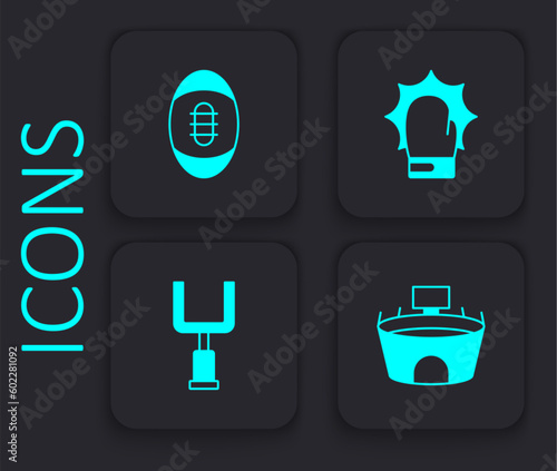 Set Stadium, American Football ball, Punch in boxing gloves and football goal post icon. Black square button. Vector