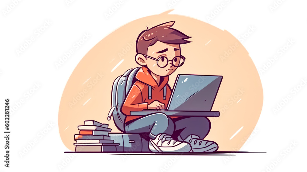 A schoolboy sits in front of a laptop and does his homework, generative AI.