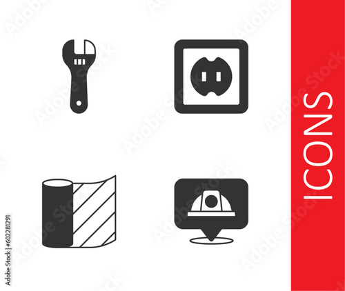 Set Worker safety helmet, Adjustable wrench, Wallpaper and Electrical outlet icon. Vector © Iryna