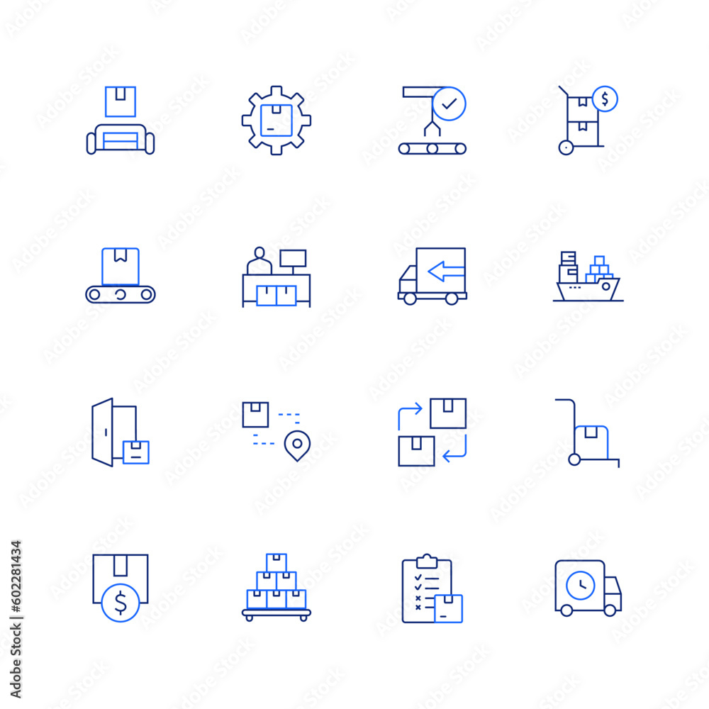 Logistics icon set. Editable stroke. Thin line icon. Duotone color. Containing logistics, logistic, conveyor belt, truck, ship, delivery, shipping, renewable, trolley, invest, product, inventory.