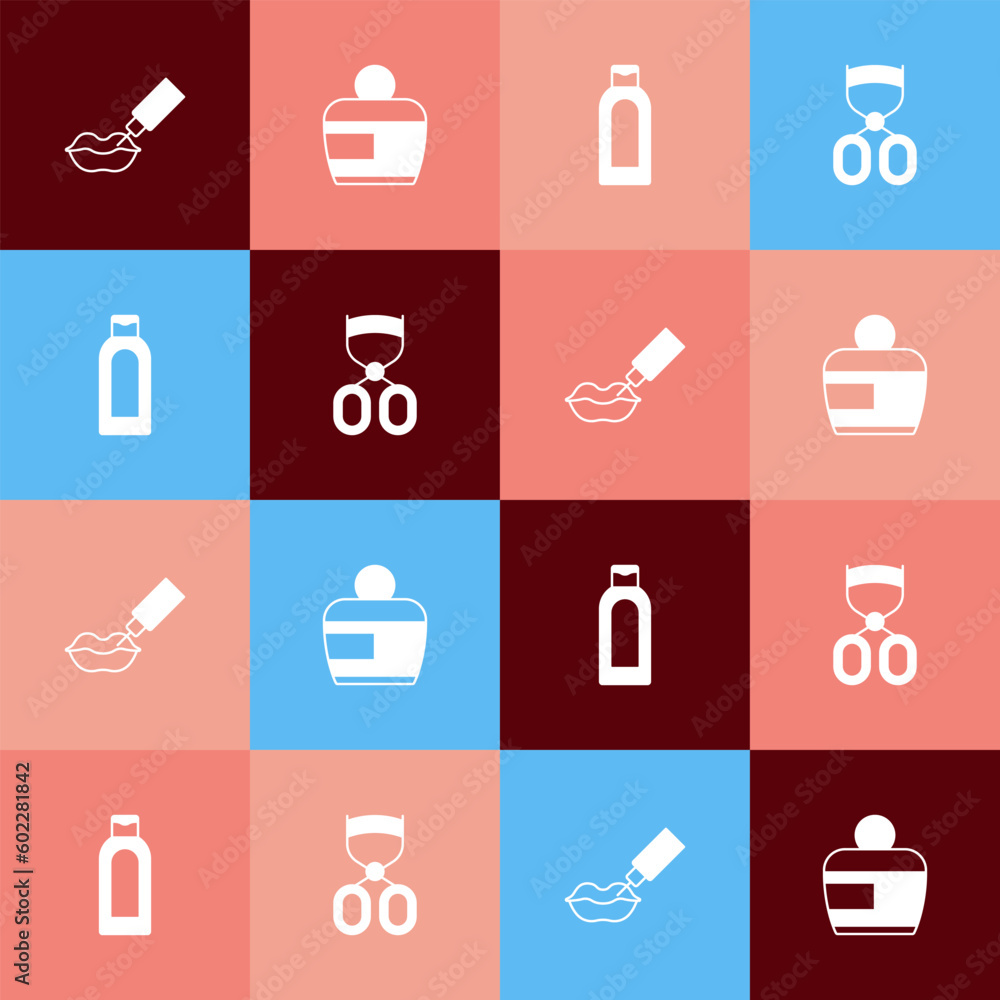 Set pop art Lip augmentation, Cream or lotion cosmetic tube, Bottle of shampoo and Eyelash curler icon. Vector Set pop art Lip augmentation, Cream or lotion cosmetic tube, Bottle of shampoo and Eyelash curler icon. Vector