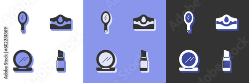 Set Lipstick, Hand mirror, Makeup powder with and Acne icon. Vector