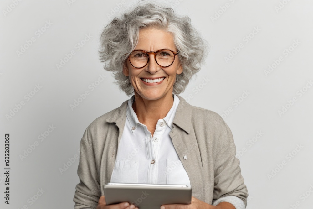 Smiling French hipster woman, company worker, holding digital tablet over white background, exuding confidence and professionalism. Generative AI Smiling French hipster woman, company worker, holding digital tablet over white background, exuding confidence and professionalism. Generative AI