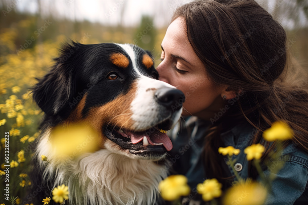 Young woman with her dog bernese shepherd outdoors Young woman with her dog bernese shepherd outdoors