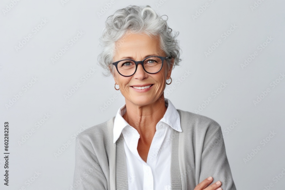 A smiling, mature senior executive, a professional female CEO and coach, stands on a white background with grey hair and a warm expression. Generative AI A smiling, mature senior executive, a professional female CEO and coach, stands on a white background with grey hair and a warm expression. Generative AI