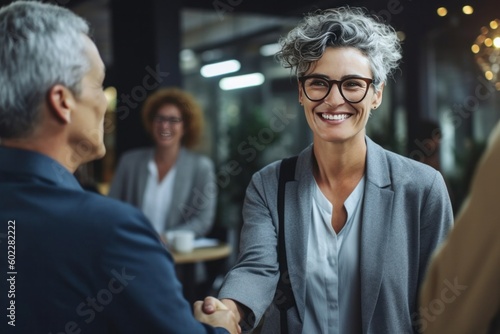 Mature businesswoman shakes hands, makes a successful deal with a partner. Happy HR exec welcomes new hire. Good results achieved. Generative AI photo