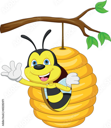 cute bee cartoon waving from inside the bee hive