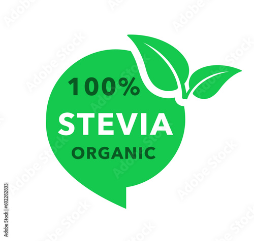Stevia sweetener icon. Natural organic stevia sweetener substitute on white background. Sugar substitute label. Eco, organic and bio logo. 100% natural stevia. Vector