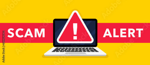 Scam alert. Banner with red scam danger warning. Spam email message distribution, malware spreading virus. Hacker attack and web security vector concept, phishing scam. Internet security. Vector