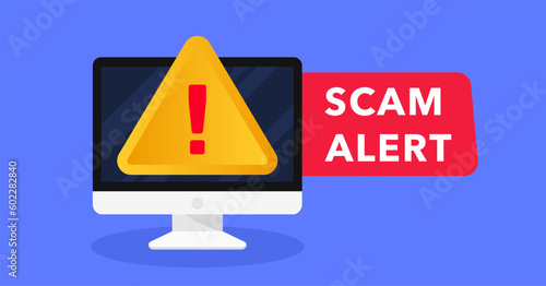 Scam alert. Banner with red scam danger warning. Spam email message distribution, malware spreading virus. Hacker attack and web security vector concept, phishing scam. Internet security.