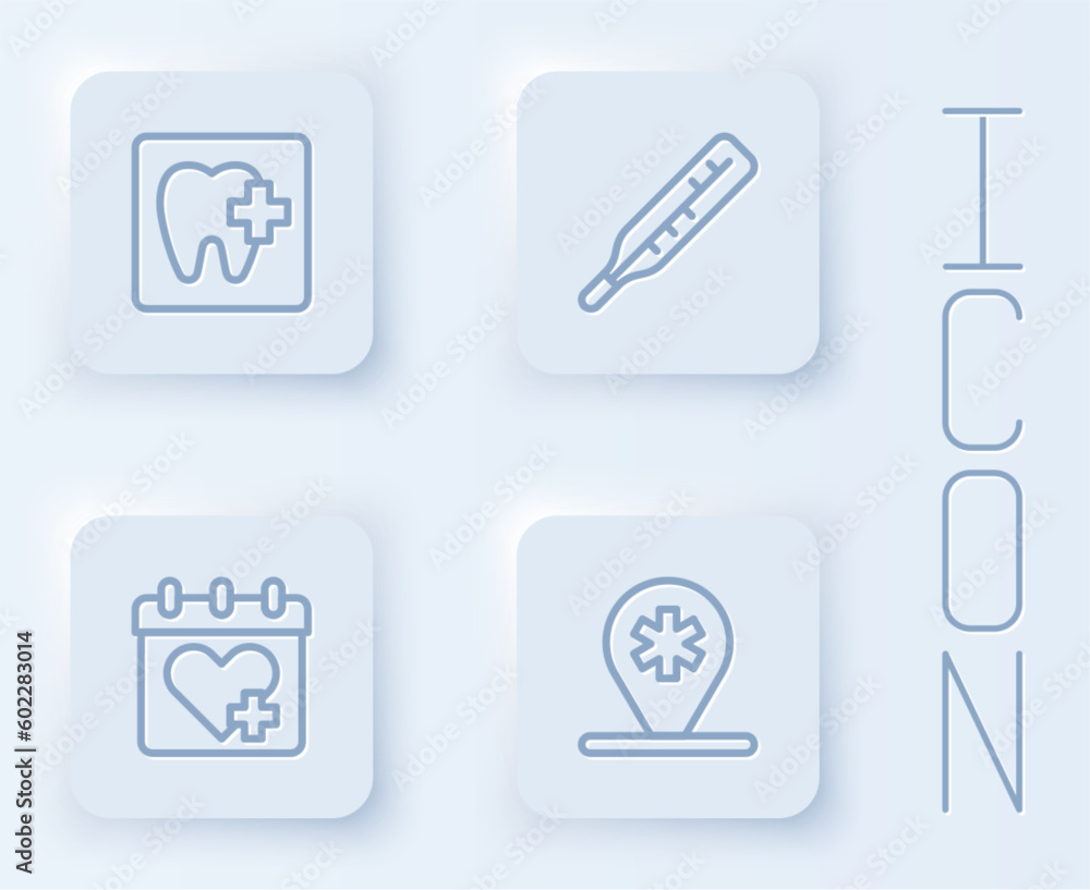 Set line Dental clinic location, Medical thermometer, Doctor appointment and Location hospital. White square button. Vector Set line Dental clinic location, Medical thermometer, Doctor appointment and Location hospital. White square button. Vector