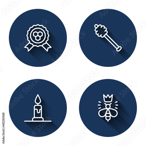Set line Honey award, dipper stick, Burning candle and Queen bee with long shadow. Blue circle button. Vector
