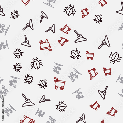 Set line Colorado beetle, Shovel in the ground, Sprout and Wheelbarrow on seamless pattern. Vector