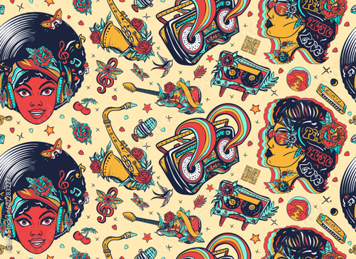 Disco, funk and soul music. Fashion hippie girl, audio type and rainbow boom box. Old school art. Lifestyle musical background. Seamless pattern. African American funky woman