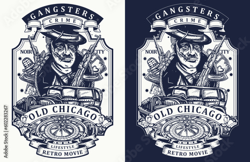 Old noir detective movie concept. Gangster leader. Retro cinema art t-shirt design. Criminal mafia boss portrait. Crime man smokes cigar, gangster car, casino roulette, weapons, playing cards