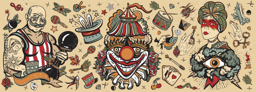 Circus. Old school vintage tattoo vector collection. Clown, strong man with dumbbells, fortune teller woman, magic trick, rabbit in a magician hat. Traditional retro tattooing style
