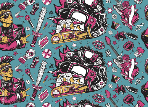 Musical background. Punk and rock music lifestyle. Seamless pattern. Punker with mohawk, electric guitar, rock woman. Hooligans. Anarchy art