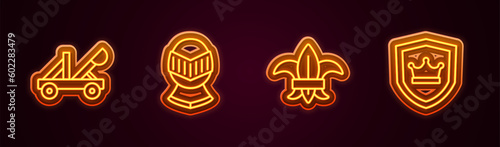Set line Medieval catapult, helmet, Fleur de lys or lily flower and Shield with crown. Glowing neon icon. Vector