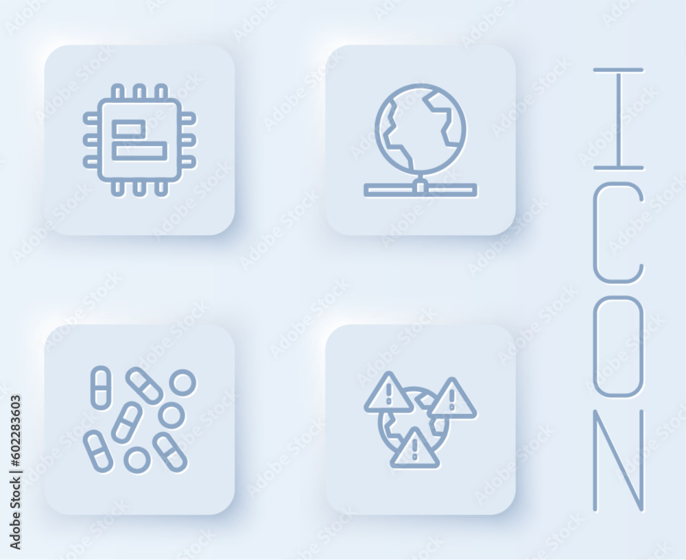 Set line Processor CPU, Global technology, Medical pill biohacking and Earth with exclamation mark. White square button. Vector Set line Processor CPU, Global technology, Medical pill biohacking and Earth with exclamation mark. White square button. Vector