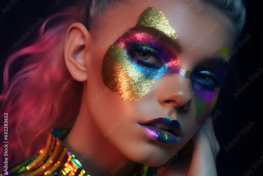 closeup editorial of beautiful woman's face with glitter butterfly wing makeup in studio lighting, made with generative ai closeup editorial of beautiful woman's face with glitter butterfly wing makeup in studio lighting, made with generative ai